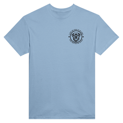 Custom Embroidered T-Shirt – 'I LEFT MY DOG TO BE HERE' Circle Design with Dog Breed light blue