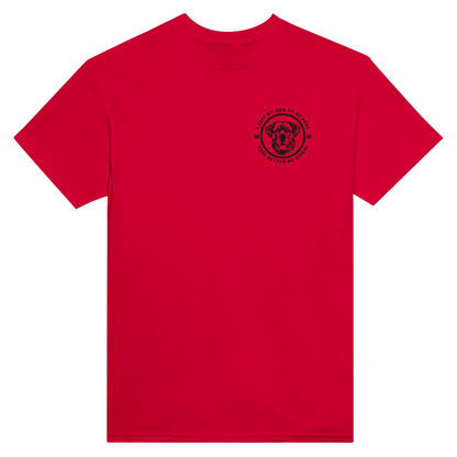 Custom Embroidered T-Shirt – 'I LEFT MY DOG TO BE HERE' Circle Design with Dog Breed red