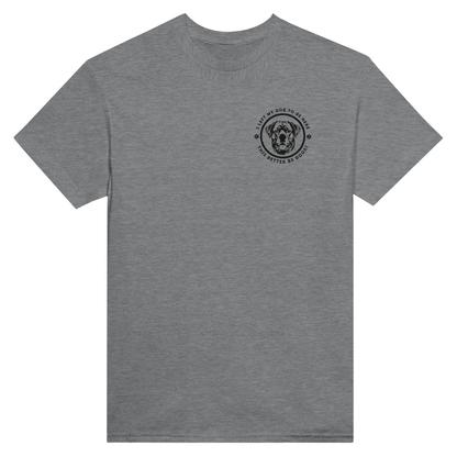 Custom Embroidered T-Shirt – 'I LEFT MY DOG TO BE HERE' Circle Design with Dog Breed sport grey