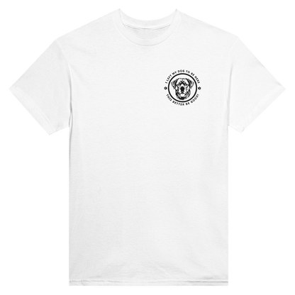 Custom Embroidered T-Shirt – 'I LEFT MY DOG TO BE HERE' Circle Design with Dog Breed white