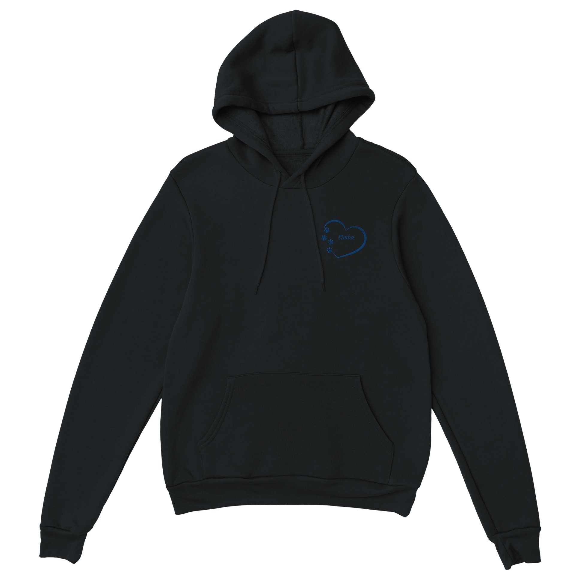Custom Embroidery, Heart Personalized with Your Pet's Name on a Pullover black Hoodie Sweatshirt hearts inside blue thread no background