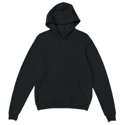 Custom Embroidery, Heart Personalized with Your Pet's Name on a Pullover black Hoodie Sweatshirt hearts inside blue thread no background