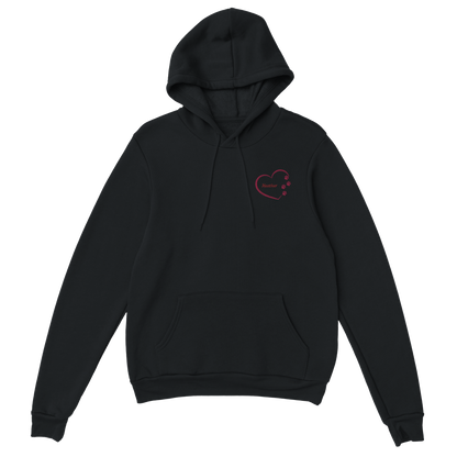 Custom Embroidery, Heart Personalized with Your Pet's Name on a Pullover black Hoodie Sweatshirt hearts outside pink thread no backgound