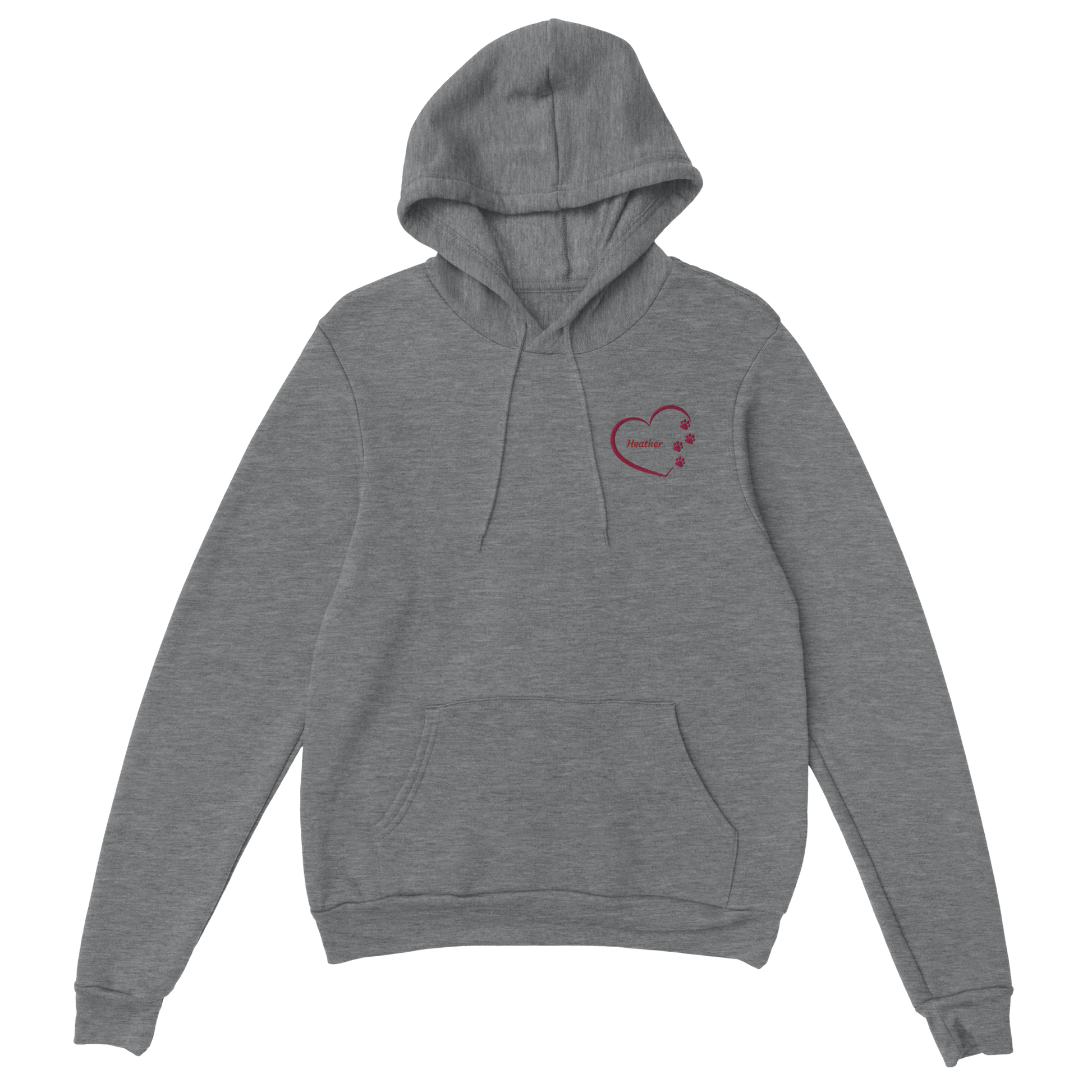 Custom Embroidery, Heart Personalized with Your Pet's Name on a Pullover grey Hoodie Sweatshirt hearts outside pink thread no background