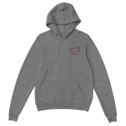 Custom Embroidery, Heart Personalized with Your Pet's Name on a Pullover grey Hoodie Sweatshirt hearts outside pink thread no background