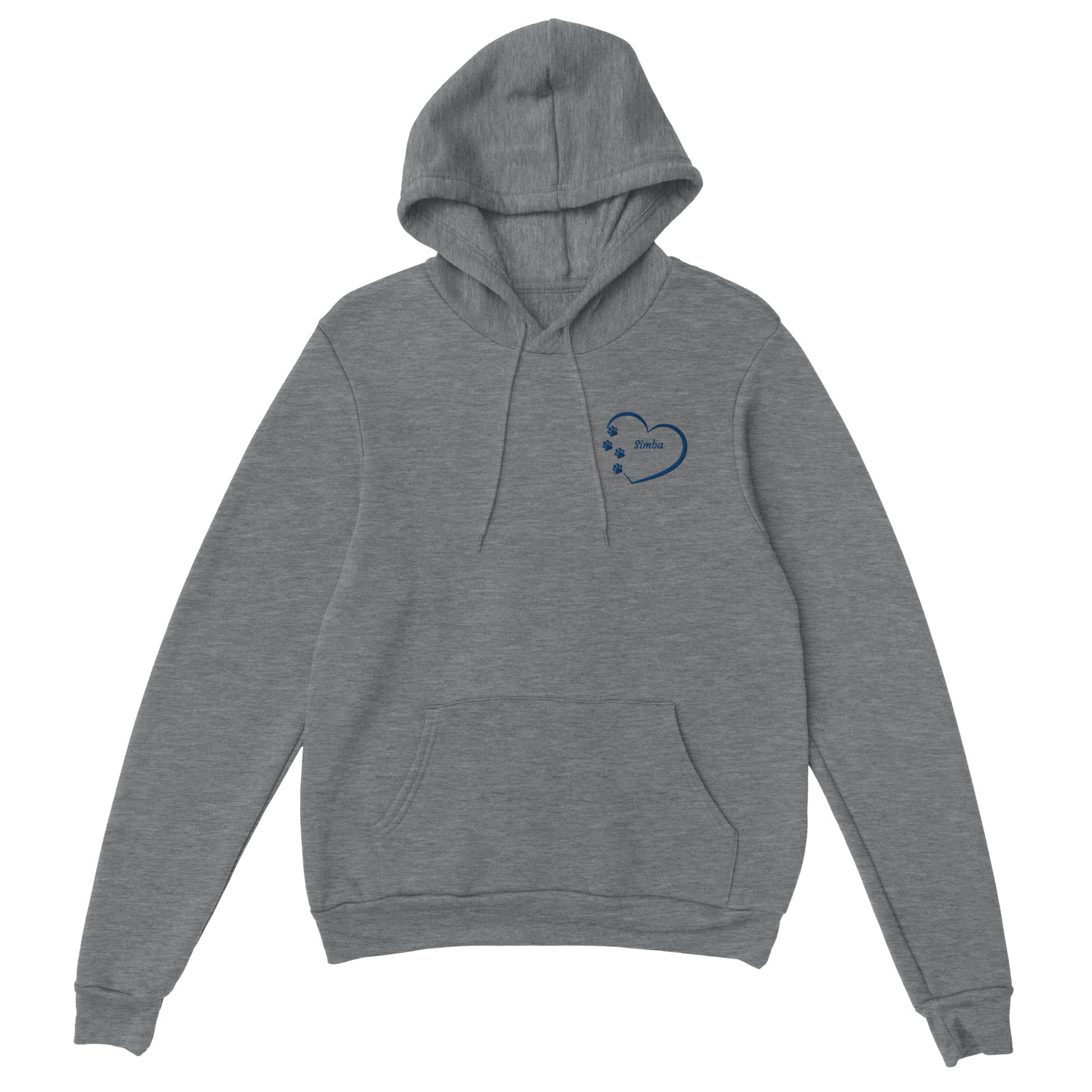 Custom Embroidery, Heart Personalized with Your Pet's Name on a Pullover grey Hoodie Sweatshirt heartsinside blue thread no background