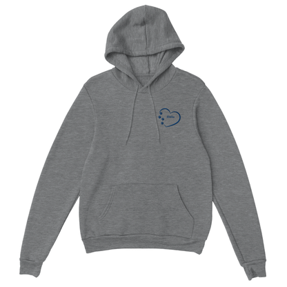 Custom Embroidery, Heart Personalized with Your Pet's Name on a Pullover grey Hoodie Sweatshirt heartsinside blue thread no background
