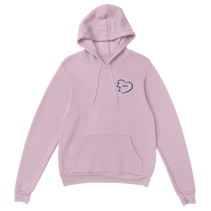 Custom Embroidery, Heart Personalized with Your Pet's Name on a Pullover pink Hoodie Sweatshirt hearts inside blue thread 