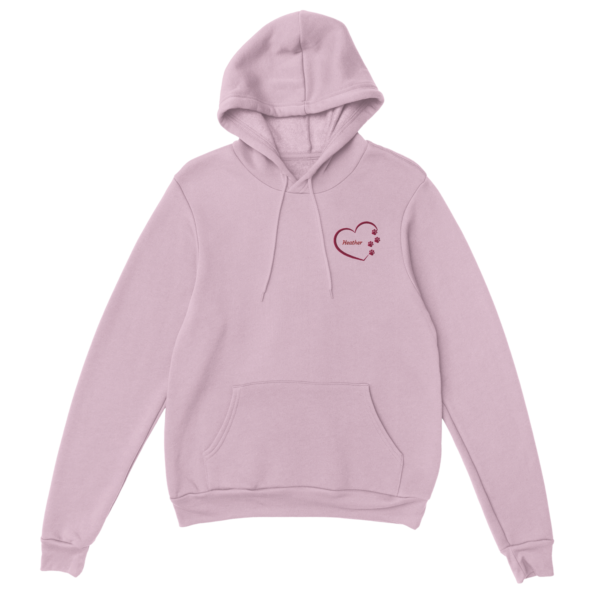 Custom Embroidery, Heart Personalized with Your Pet's Name on a Pullover pink Hoodie Sweatshirt hearts outside pink thread no background
