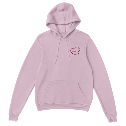 Custom Embroidery, Heart Personalized with Your Pet's Name on a Pullover pink Hoodie Sweatshirt hearts outside pink thread no background