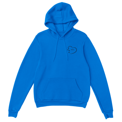 Custom Embroidery, Heart Personalized with Your Pet's Name on a Pullover royal blue Hoodie Sweatshirt hearts inside blue thread  no background