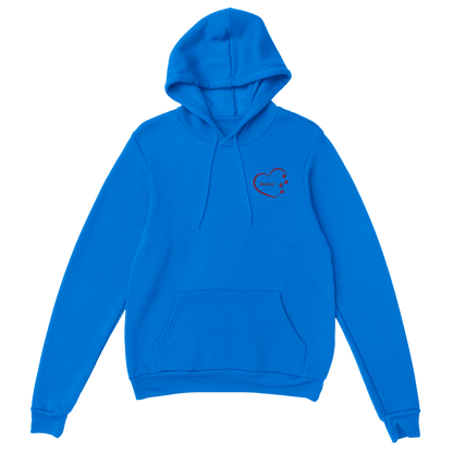 Custom Embroidery, Heart Personalized with Your Pet's Name on a Pullover royal blue Hoodie Sweatshirt hearts outside pink thread no background
