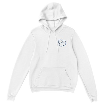 Custom Embroidery, Heart Personalized with Your Pet's Name on a Pullover white Hoodie Sweatshirt hearts inside blue thread no background
