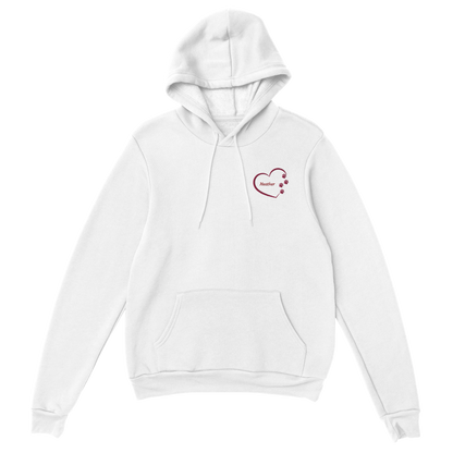 Custom Embroidery, Heart Personalized with Your Pet's Name on a Pullover white Hoodie Sweatshirt hearts outside pink thread no background