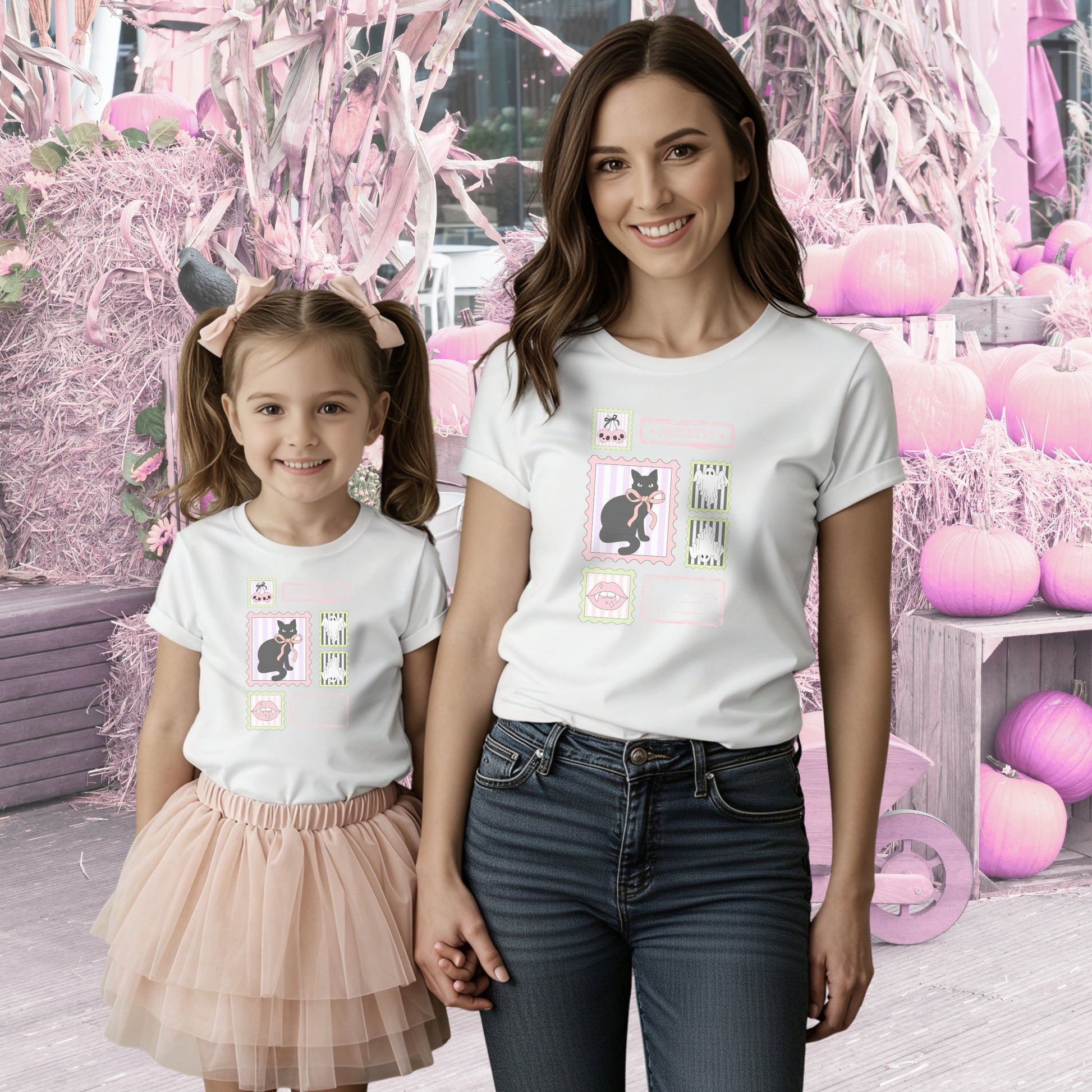Woman and child wearing matching white t-shirts with a Postage stamp pink Halloween coquette design in a fantasy pink pumpkin patch setting.