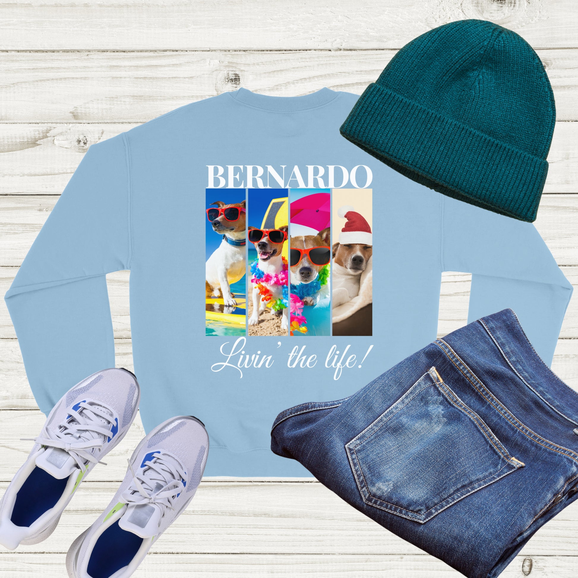 Custom Pet 4 Photo SweatShirt – Elegant Design with Personalization Options light blue