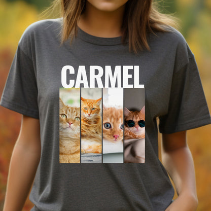 Custom Pet 4 Photo T-Shirt – Bold Design with Personalization Options_Dark Grey Heather with cat context female