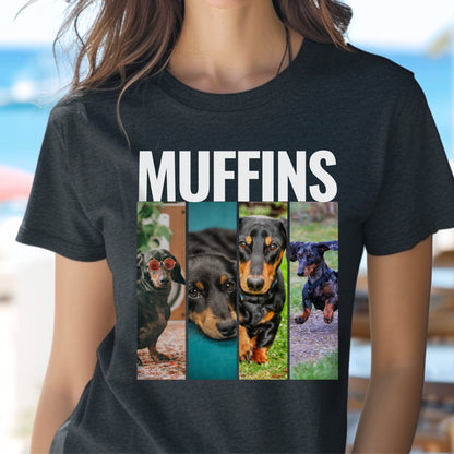 Custom Pet 4 Photo T-Shirt – Bold Design with Personalization Options_Dark Grey Heather with Dachshund context female