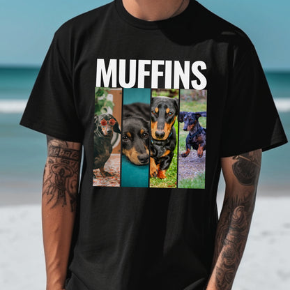 Custom Pet 4 Photo T-Shirt – Bold Design with Personalization Options_Heather Black with Dachshund context male