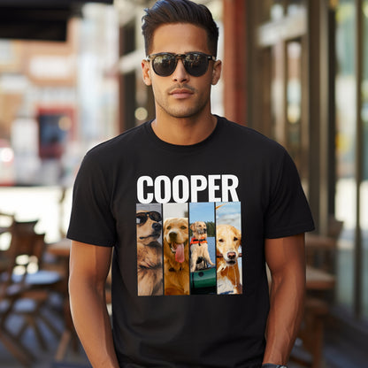 Custom Pet 4 Photo T-Shirt – Bold Design with Personalization Options_Black with Golden Retriever context male