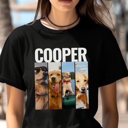 Custom Pet 4 Photo T-Shirt – Bold Design with Personalization Options_Heather Black with Golden Retriever context female
