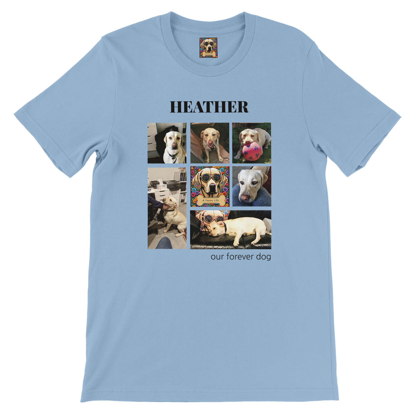 Custom Pet Photo Collage T-Shirt – Personalize with 7 Photos & Your Pet's Name black text Light Blue 