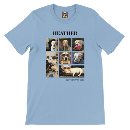 Custom Pet Photo Collage T-Shirt – Personalize with 7 Photos & Your Pet's Name black text Light Blue 