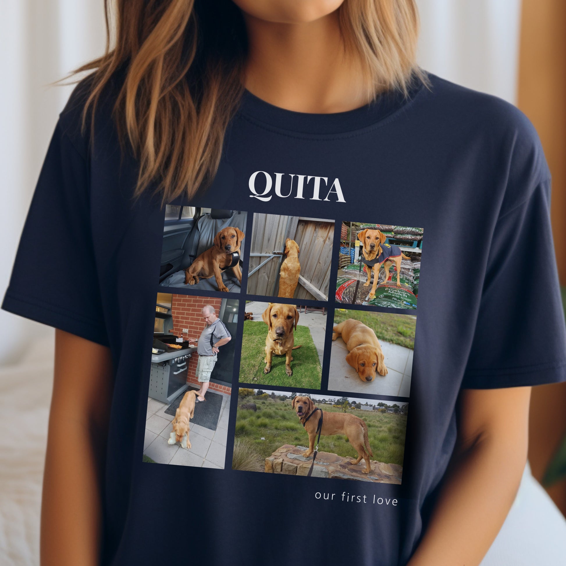 Custom Pet Photo Collage T-Shirt – Personalize with 7 Photos & Your Pet's Name context Navy