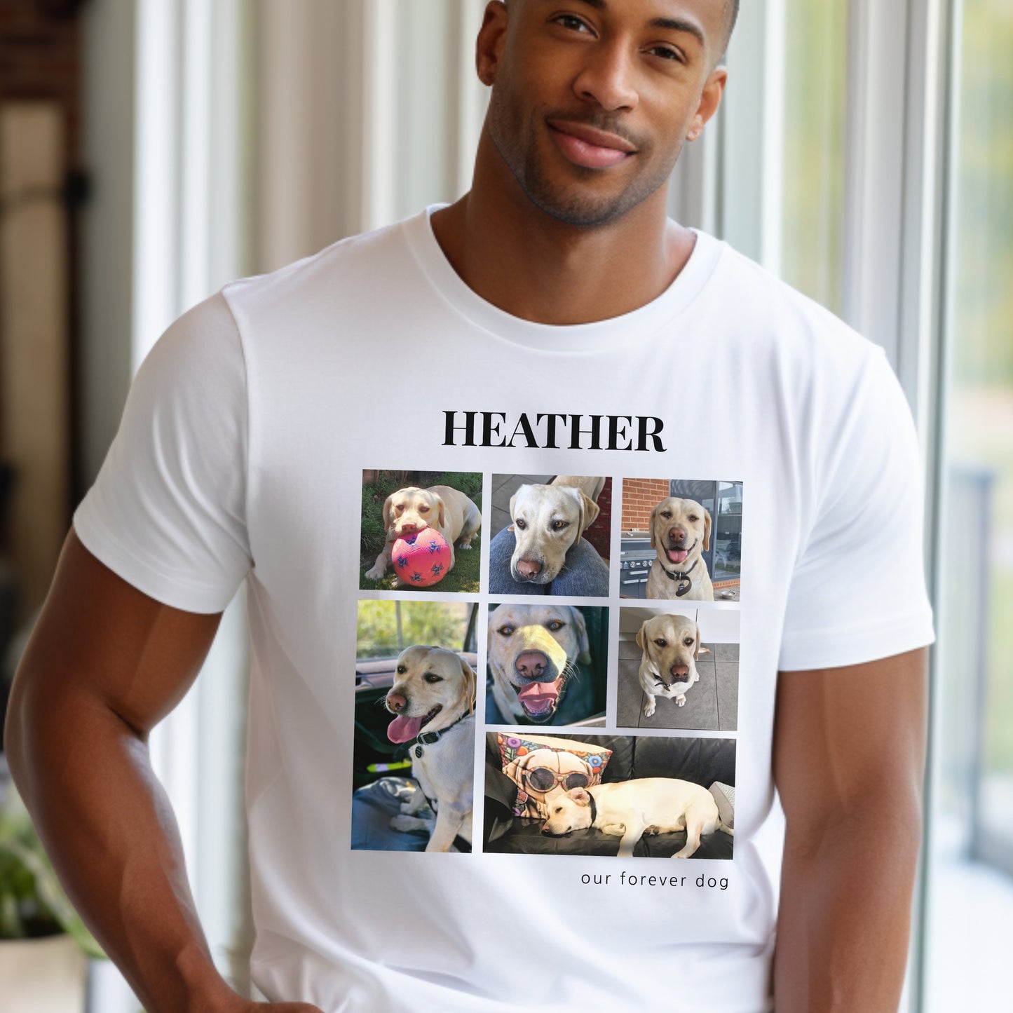Custom Pet Photo Collage T-Shirt – Personalize with 7 Photos & Your Pet's Name context white