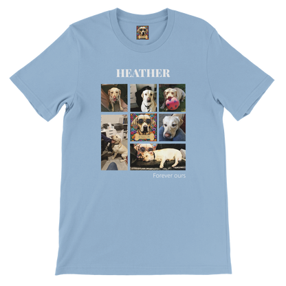 Custom Pet Photo Collage T-Shirt – Personalize with 7 Photos & Your Pet's Name white text Light blue