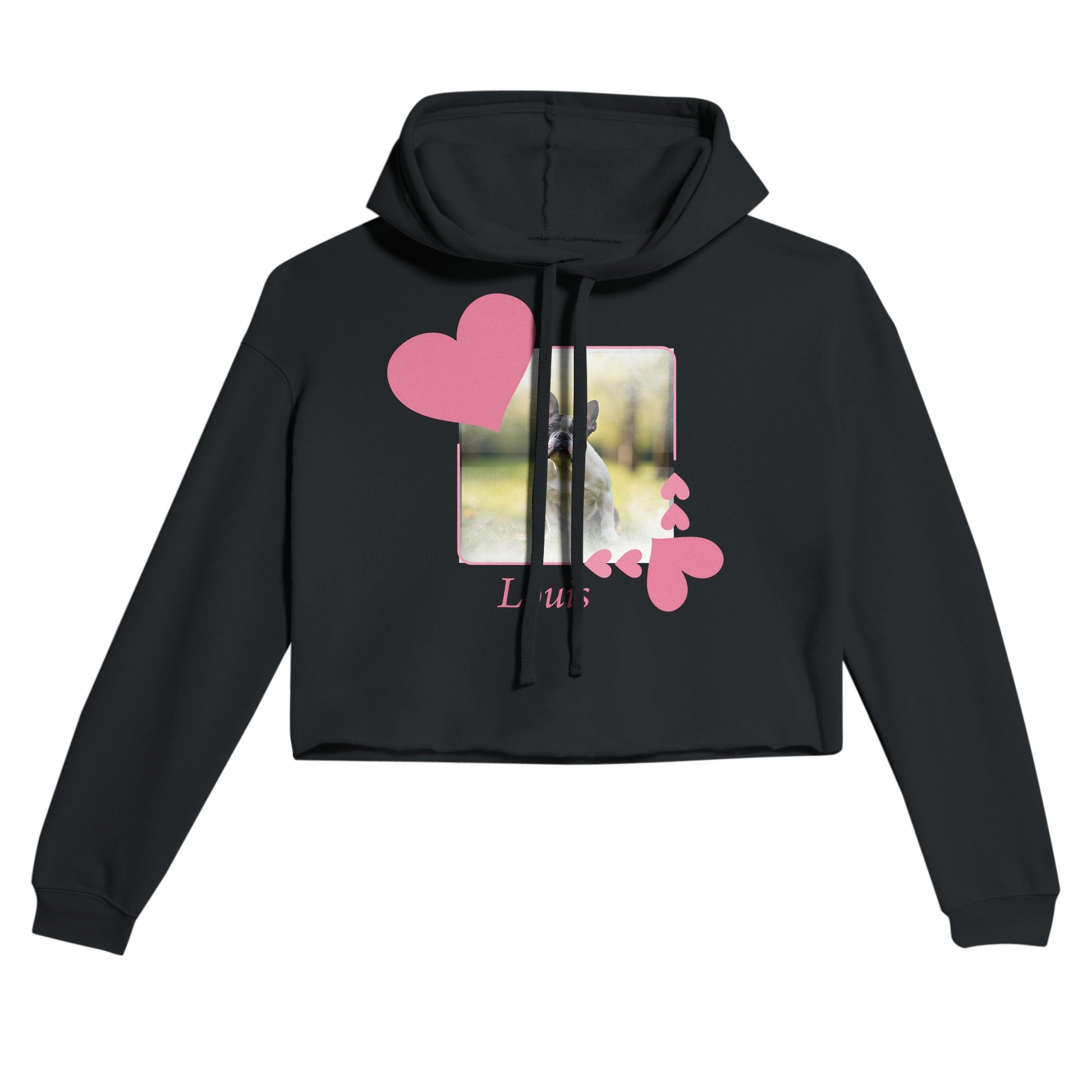 Custom Pet Photo Cropped Hoodie|Personalizable Women's Sweatshirt| Heart Frame - photo on front - black