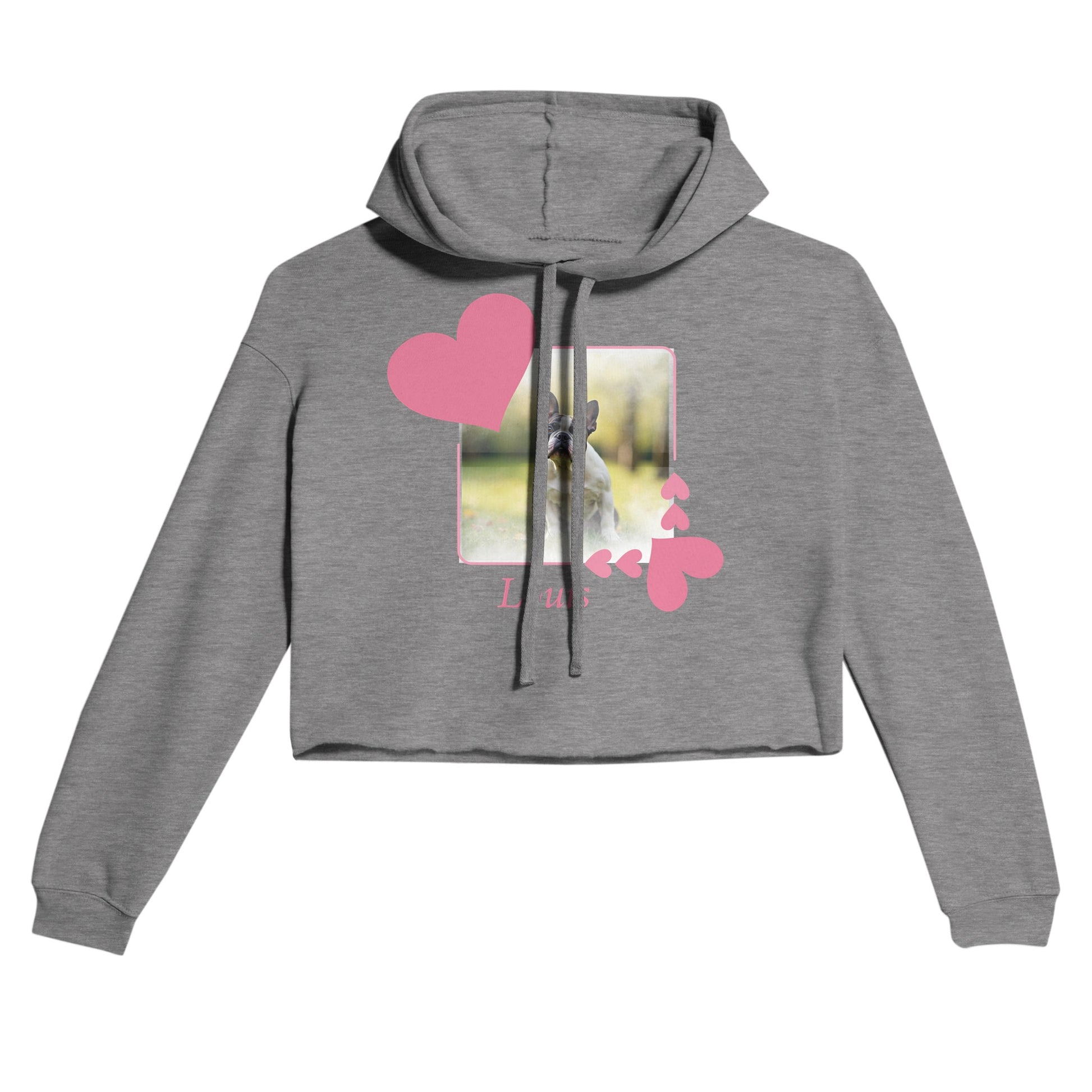 Custom Pet Photo Cropped Hoodie|Personalizable Women's Sweatshirt| Heart Frame - photo on front - grey