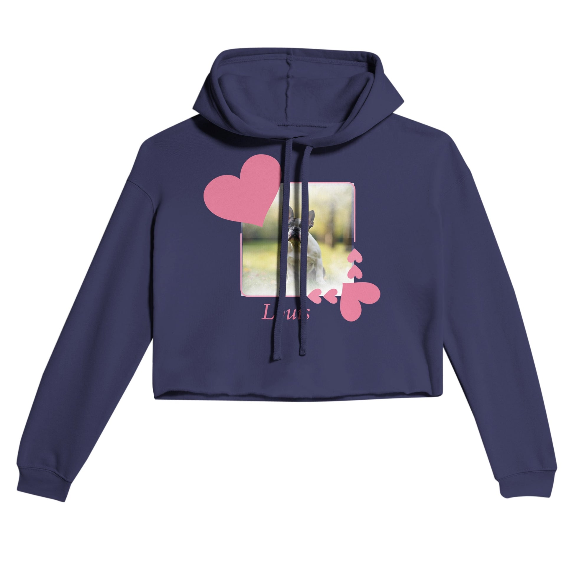 Custom Pet Photo Cropped Hoodie|Personalizable Women's Sweatshirt| Heart Frame - photo on front - purple