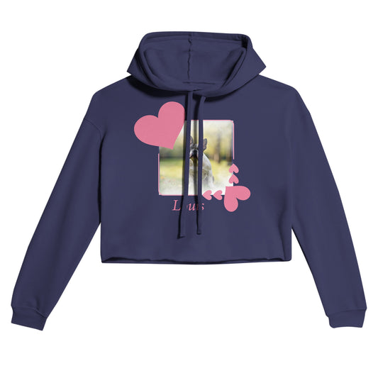Custom Pet Photo Cropped Hoodie|Personalizable Women's Sweatshirt| Heart Frame - photo on front - purple