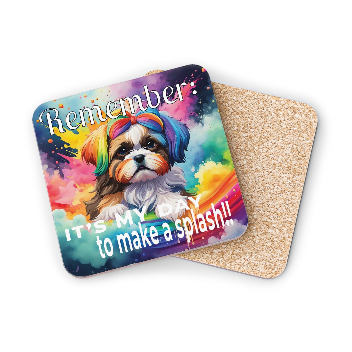 Colorful coaster with a dog design and text on a white background