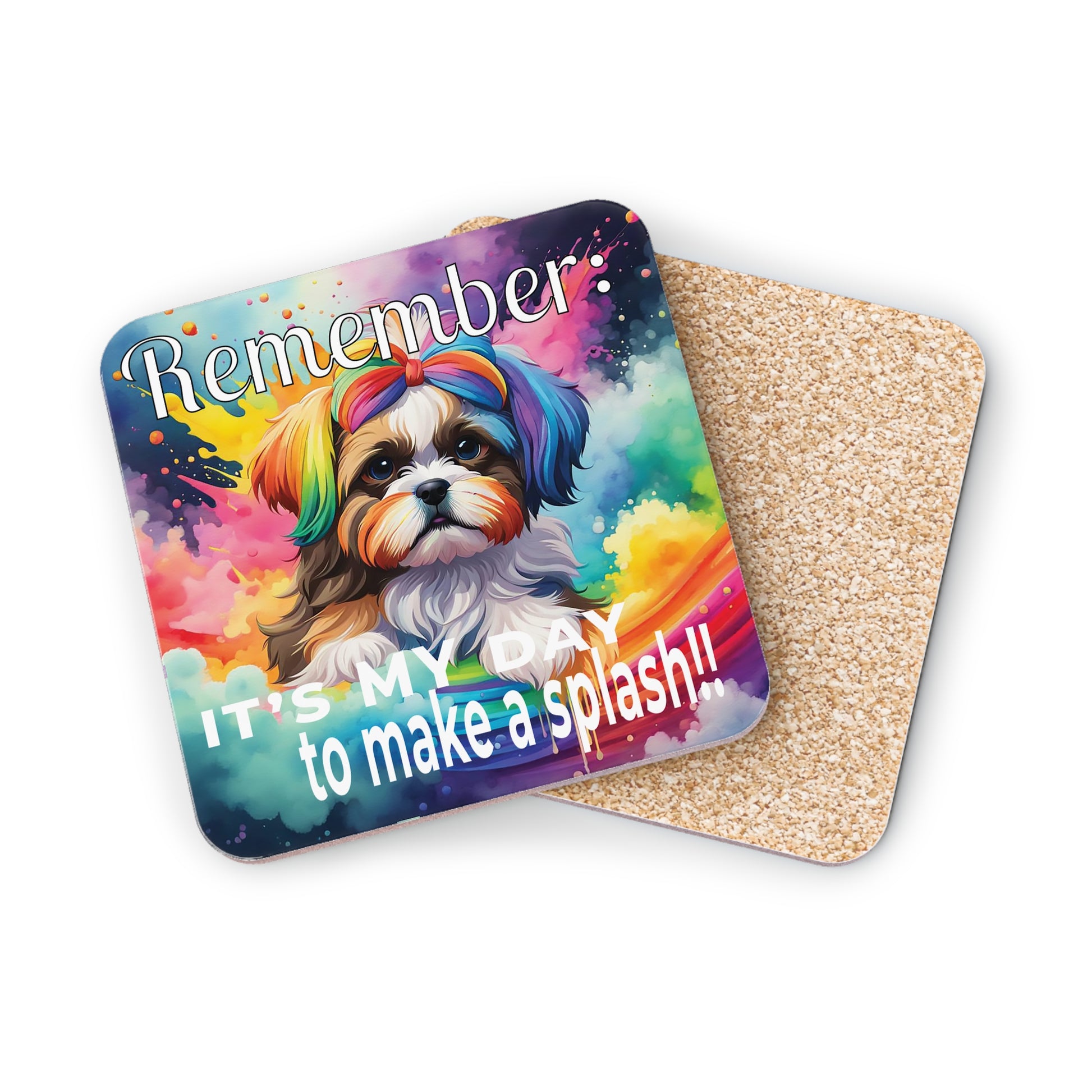 Colorful coaster with a dog design and text on a white background