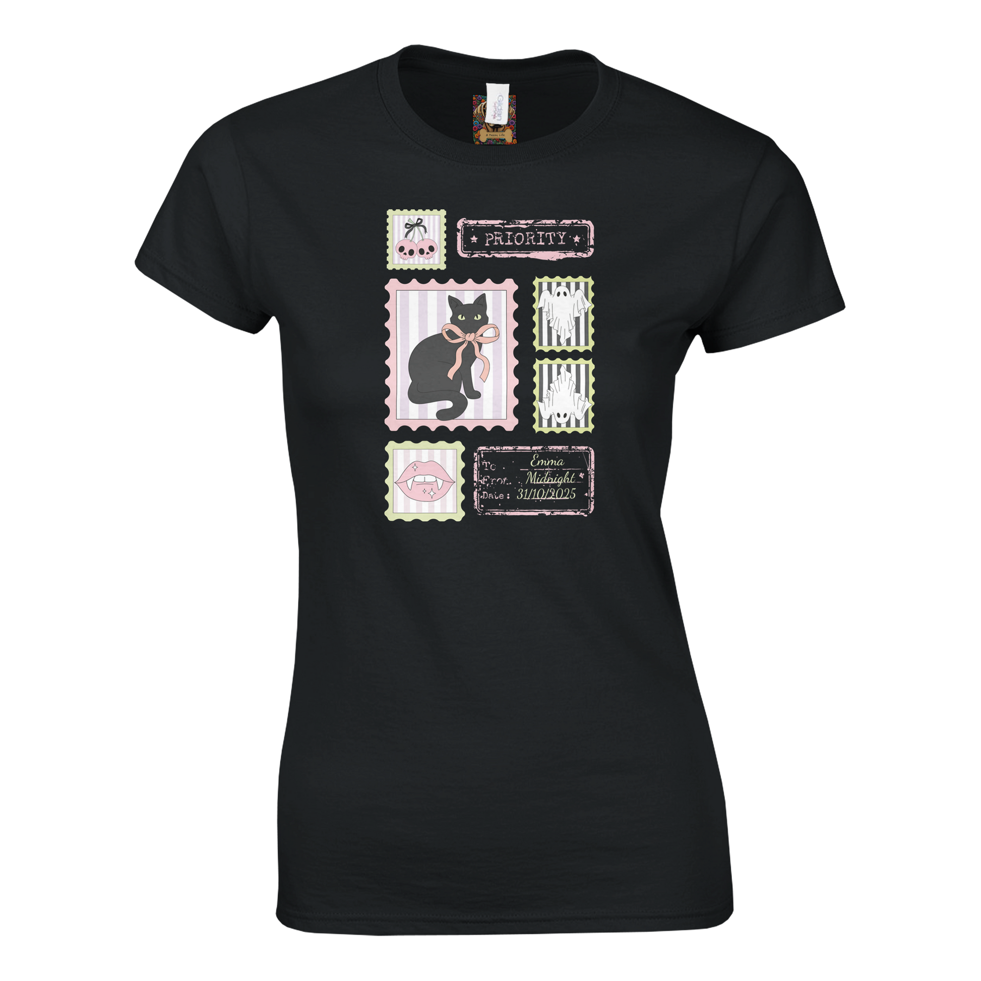 Custom Black t-shirt with a Halloween cat-themed stamp graphic design on a white background