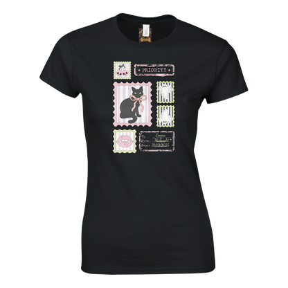 Custom Black t-shirt with a Halloween cat-themed stamp graphic design on a white background