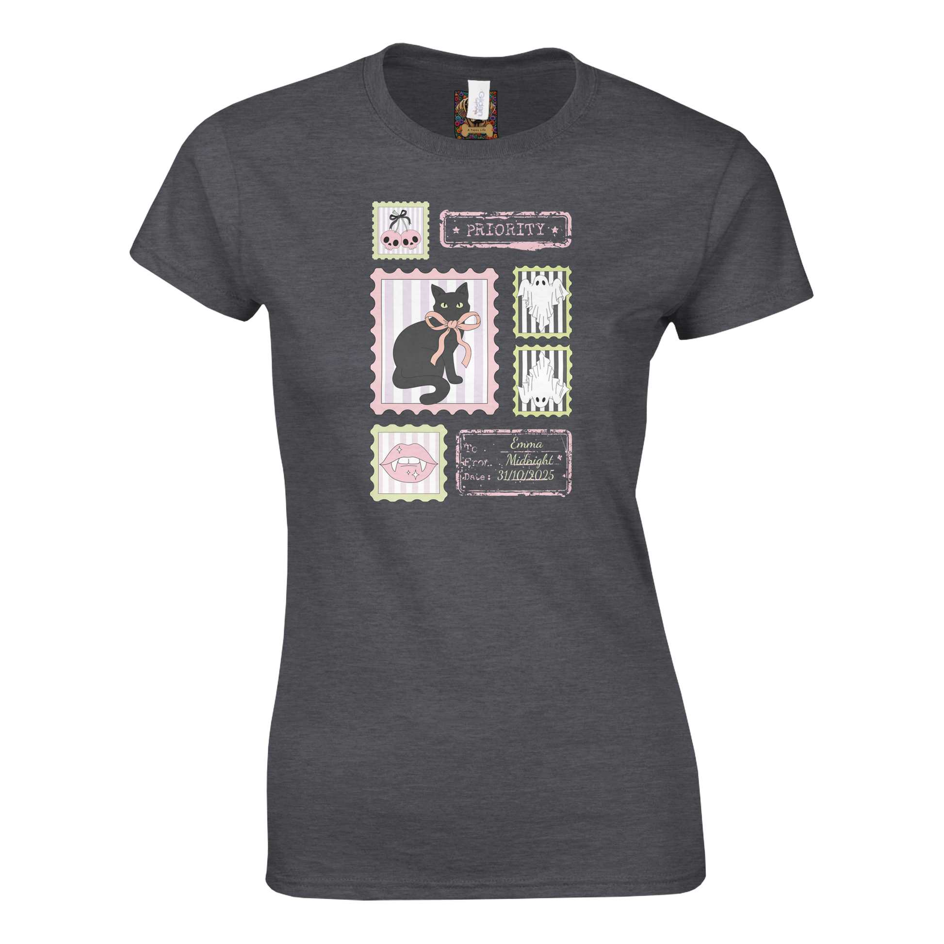 Dark gray t-shirt with a graphic design of a cat and various cute Halloween graphics for spooky season gift on a white background