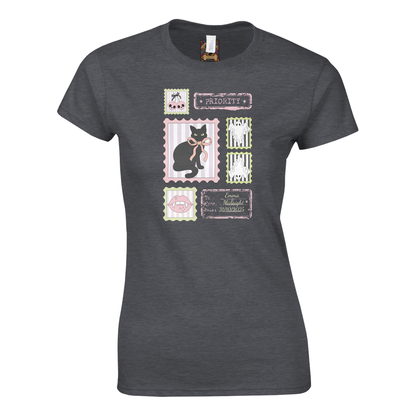 Dark gray t-shirt with a graphic design of a cat and various cute Halloween graphics for spooky season gift on a white background