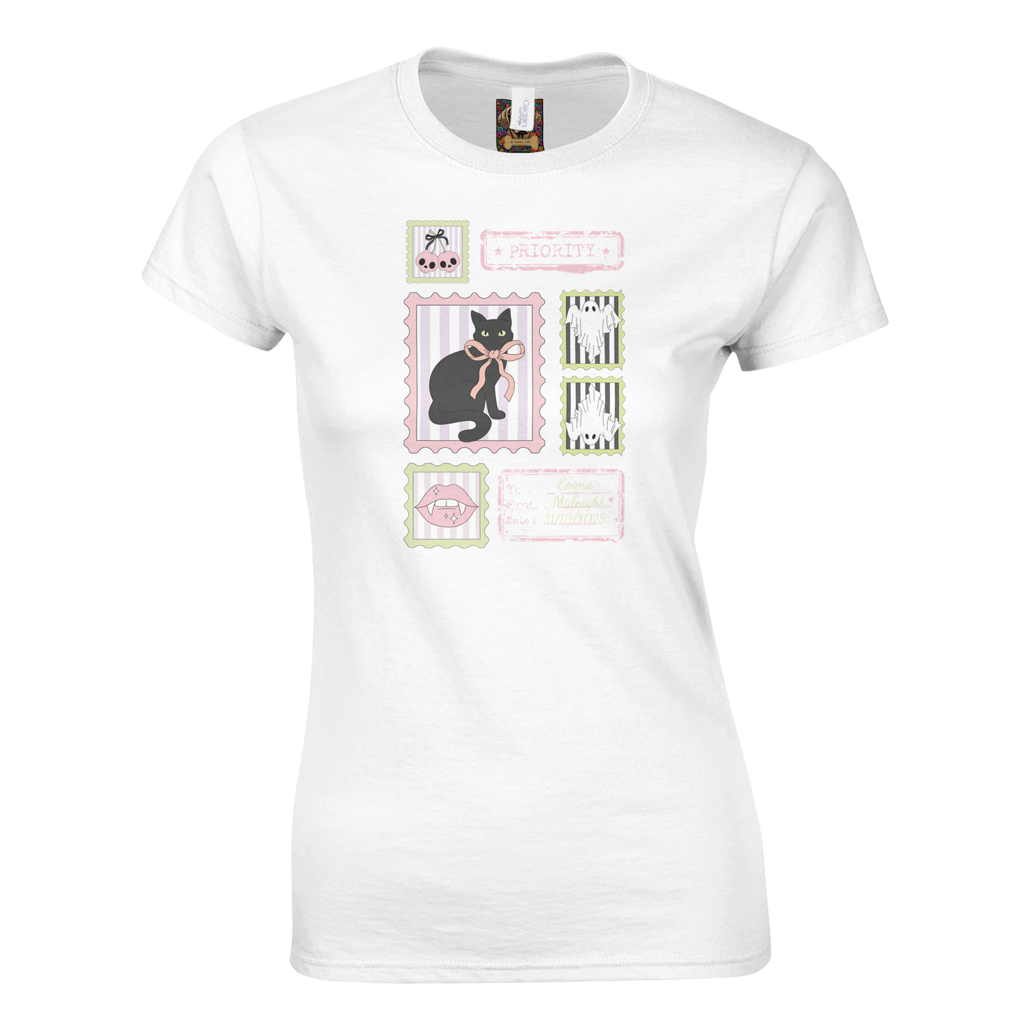 White t-shirt with a black cat and pink Halloween stamp graphic to add custom text, white background