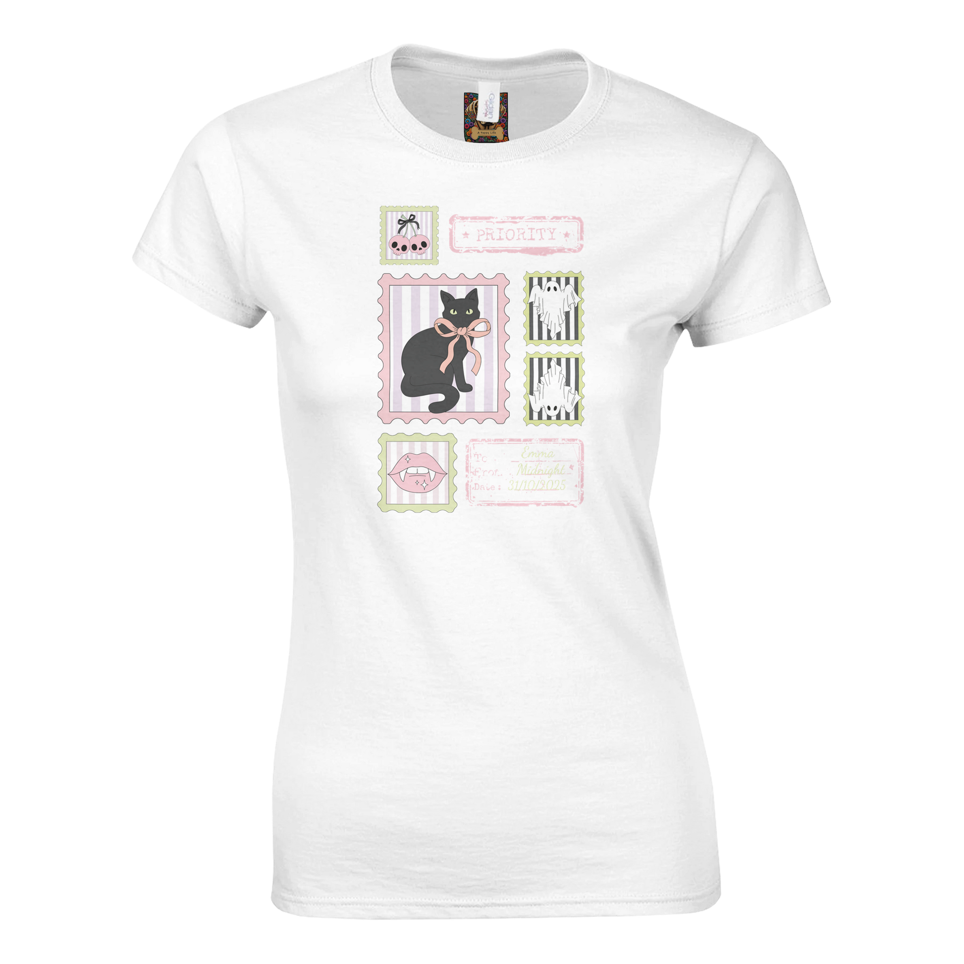 White t-shirt with a black cat and pink Halloween stamp graphic to add custom text, white background