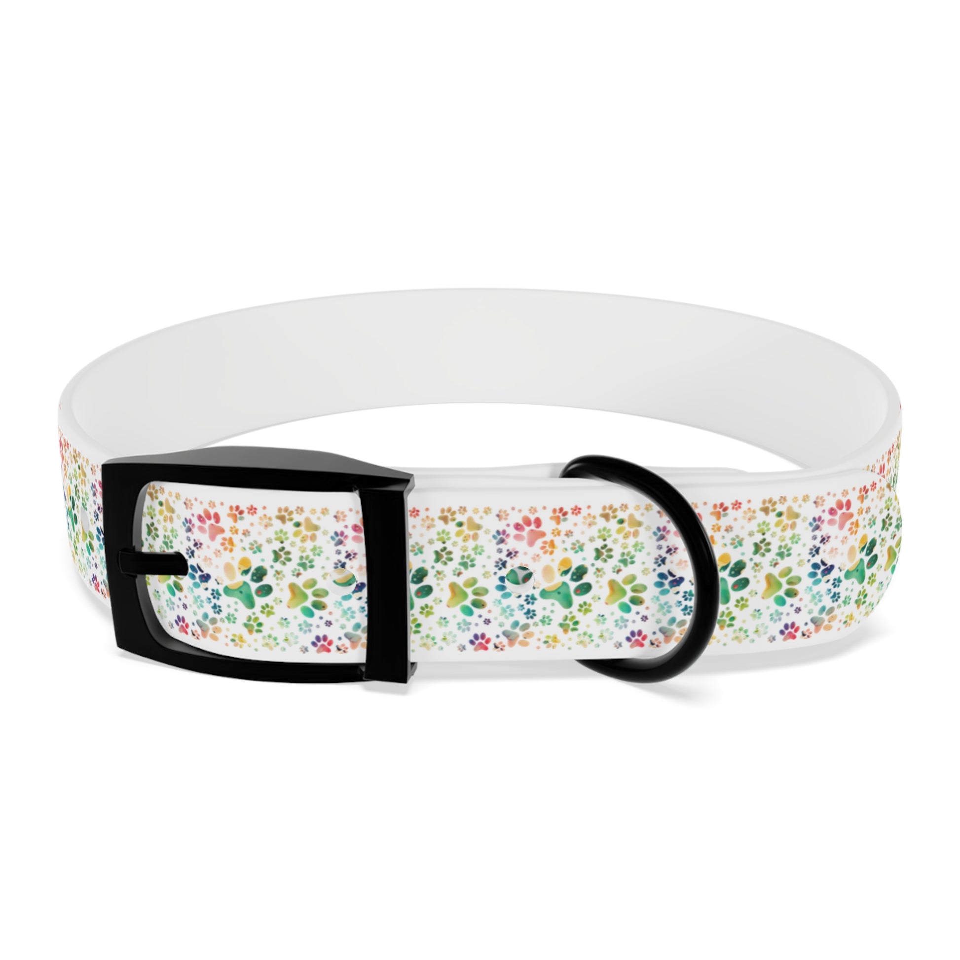 Dog Collar| Collar with  Colorful Paw Prints on White Background| Odor-proof and Stain-Resistant| Rainbow-Splash front black buckle