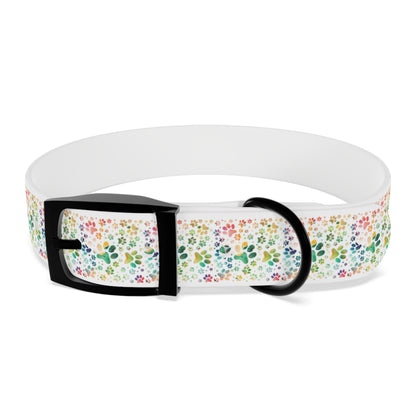 Dog Collar| Collar with  Colorful Paw Prints on White Background| Odor-proof and Stain-Resistant| Rainbow-Splash front black buckle