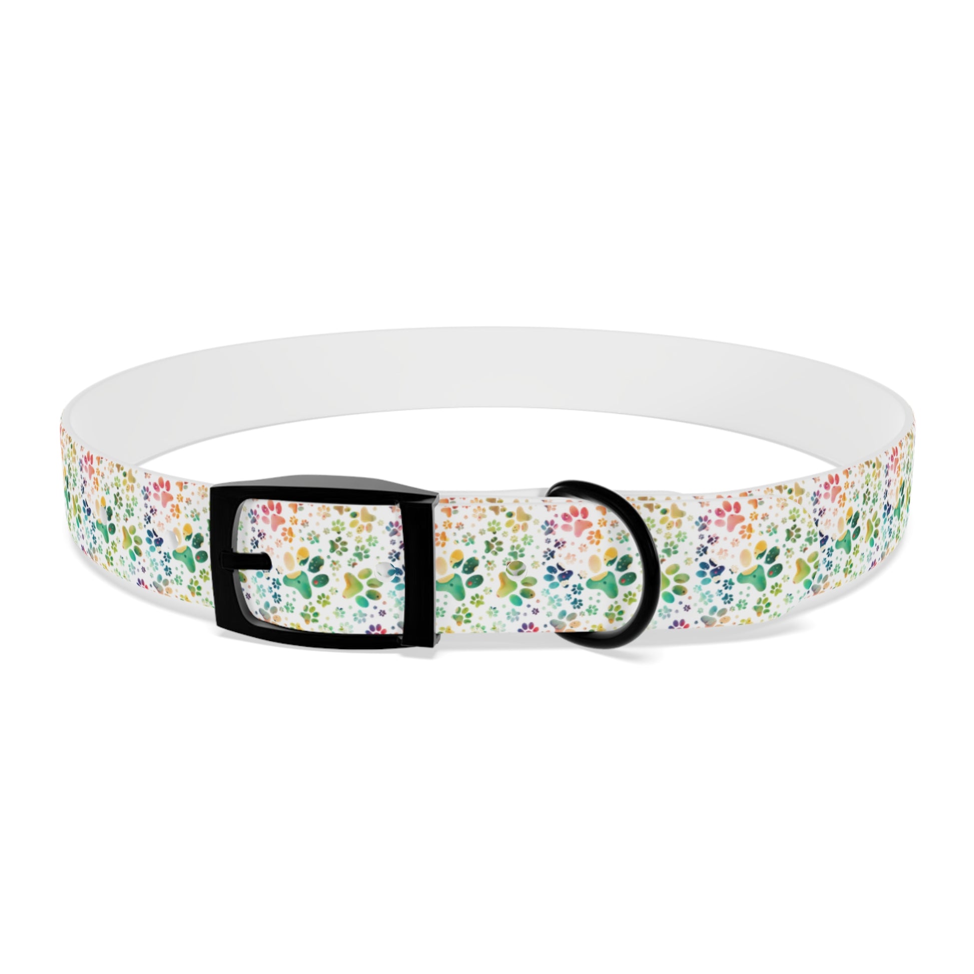 Dog Collar| Collar with  Colorful Paw Prints on White Background| Odor-proof and Stain-Resistant| Rainbow-Splash front black buckle 3