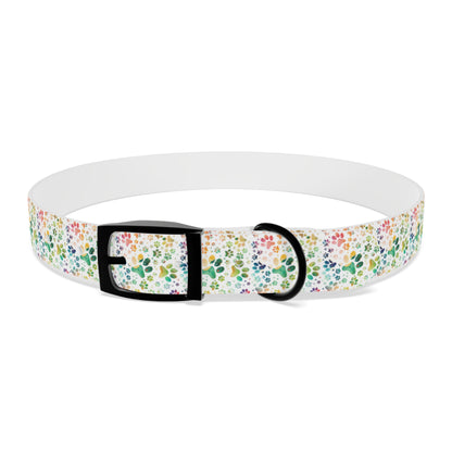 Dog Collar| Collar with  Colorful Paw Prints on White Background| Odor-proof and Stain-Resistant| Rainbow-Splash front black buckle 3