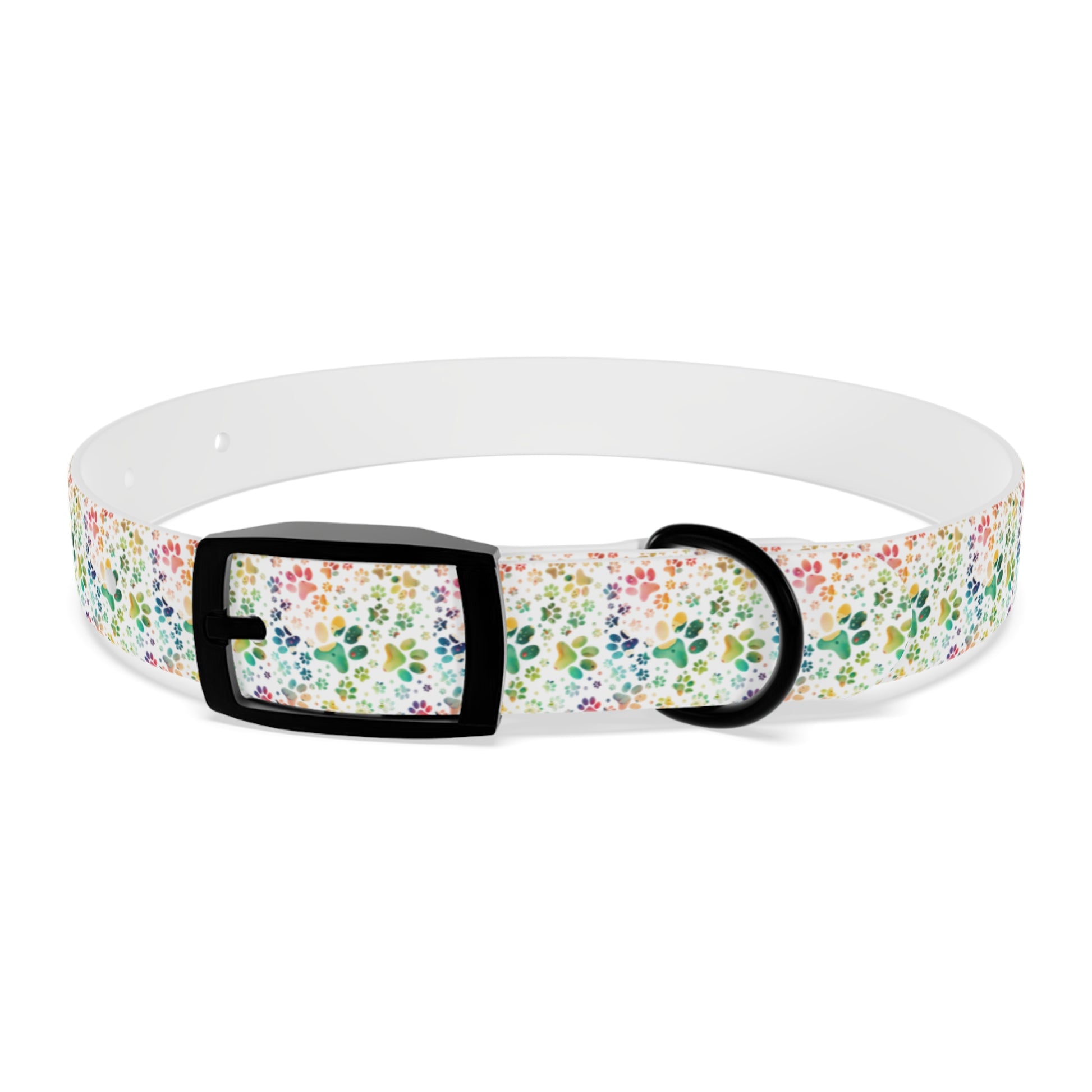 Dog Collar| Collar with  Colorful Paw Prints on White Background| Odor-proof and Stain-Resistant| Rainbow-Splash front black buckle 4
