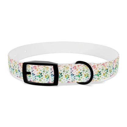 Dog Collar| Collar with  Colorful Paw Prints on White Background| Odor-proof and Stain-Resistant| Rainbow-Splash front black buckle 4