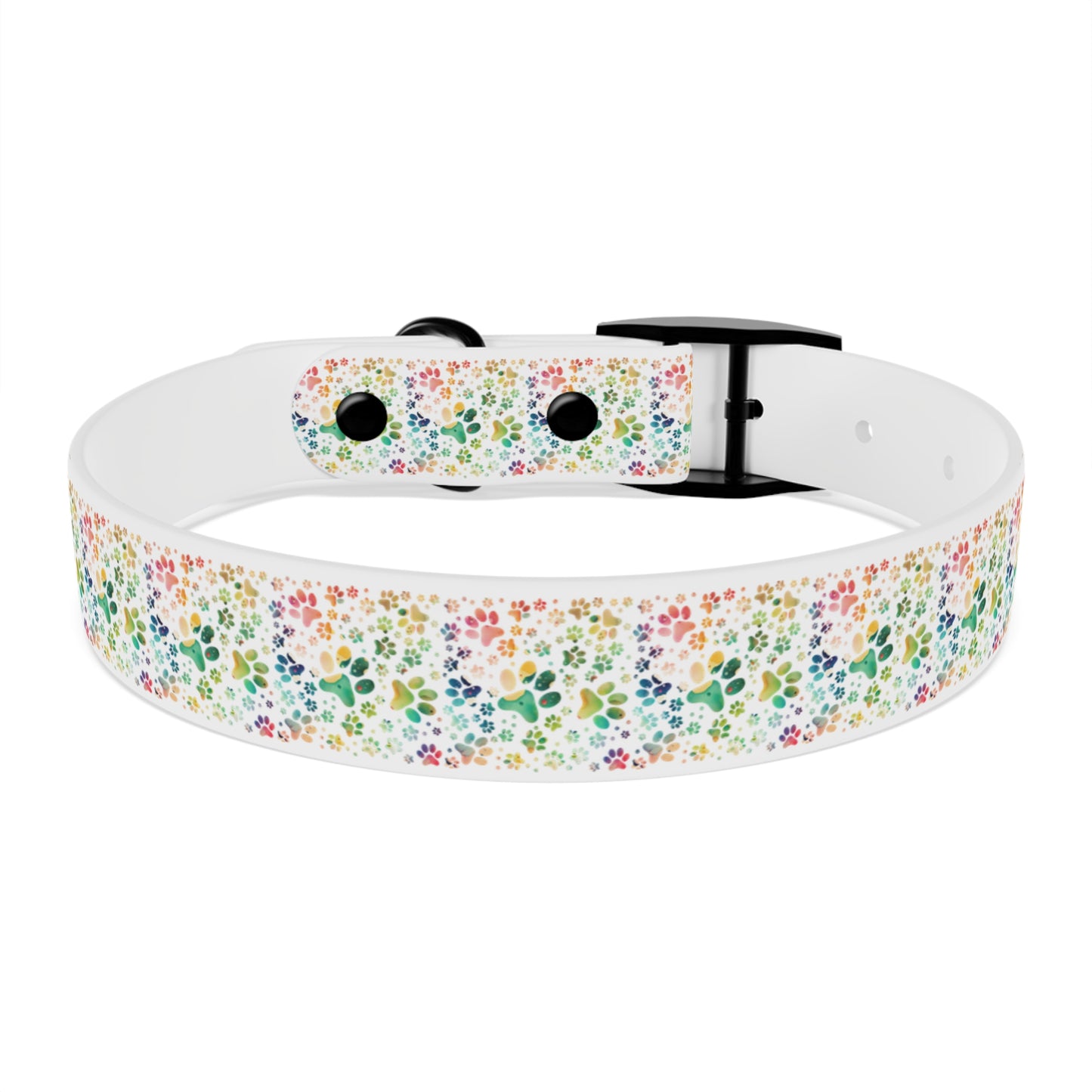 Dog Collar| Collar with  Colorful Paw Prints on White Background| Odor-proof and Stain-Resistant| Rainbow-Splash front black buckle inside