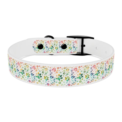 Dog Collar| Collar with  Colorful Paw Prints on White Background| Odor-proof and Stain-Resistant| Rainbow-Splash front black buckle inside